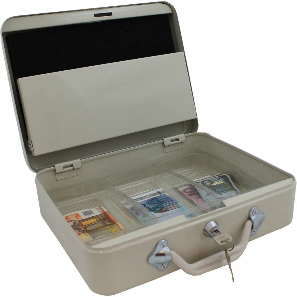 Kovová pokladnička na peníze světle šedá úložný box na mince euro 30 cm kazeta M12382